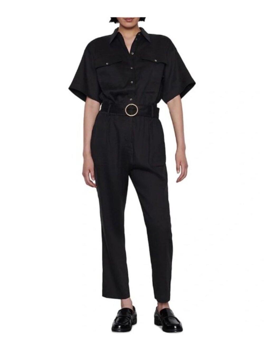 Frame Denim Arie Black Linen Blend Short Sleeve Utility Jumpsuit Sz XS